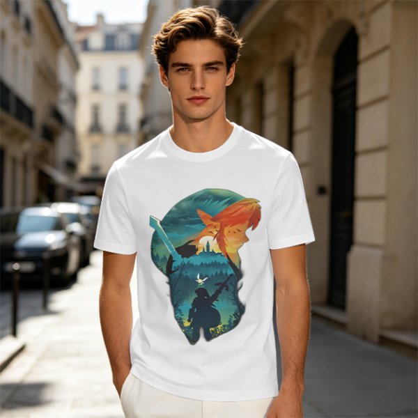 Olive green t-shirt with fantasy warrior silhouette graphic