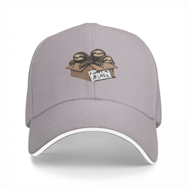 Black baseball cap with three sloths in a box that says adopt a sloth