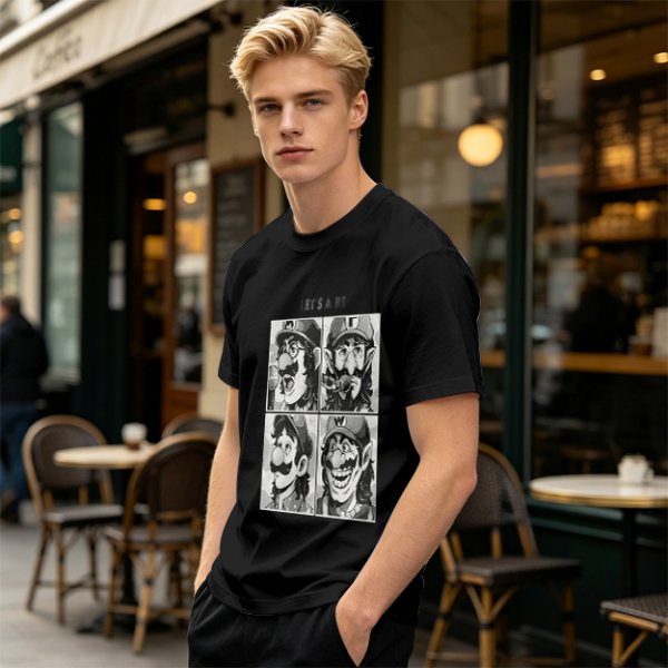 Olive T-Shirt with Retro Mario Brother Character Grid Art