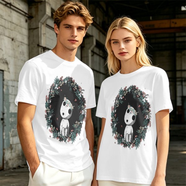 Olive T-Shirt with Kodama Forest Spirit Floral Wreath Print