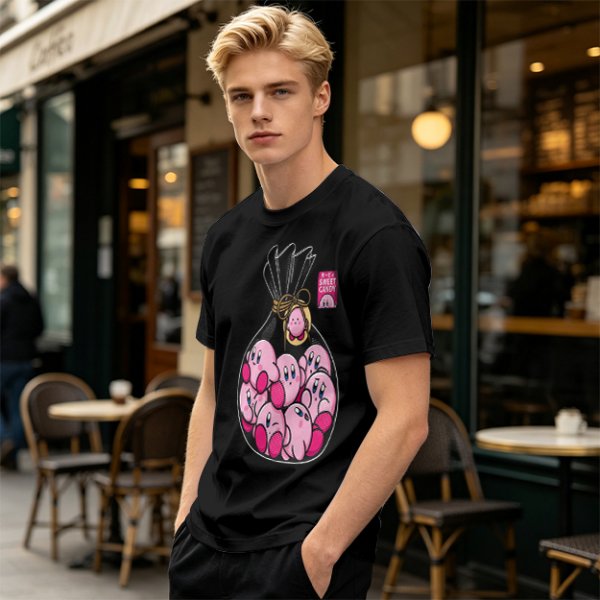 Olive T-Shirt With Cute Kirby Candy Bag Graphic