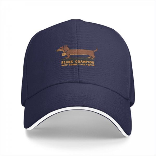 Black baseball cap with dachshund plank champion graphic