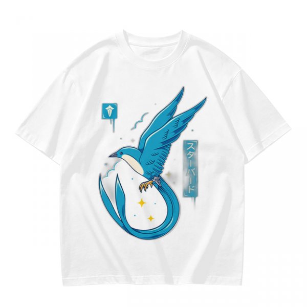 Olive T-shirt with Blue Star Bird and Japanese Graphic Print