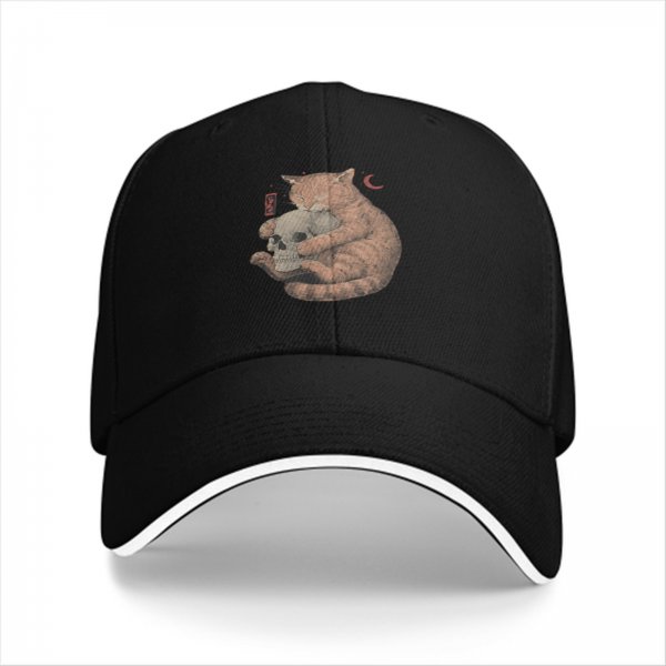 Black baseball cap with orange cat hugging skull and crescent moon print
