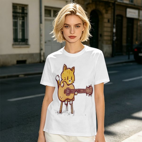 Olive T-shirt with Cute Orange Cat Playing Guitar Graphic