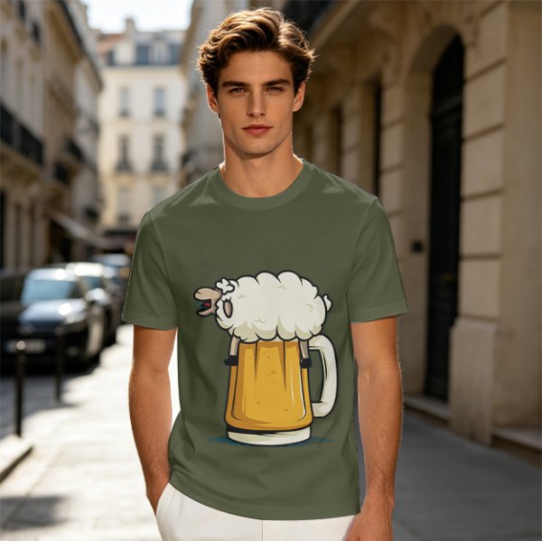Olive Green T-Shirt With Funny Sheep Beer Mug Graphic