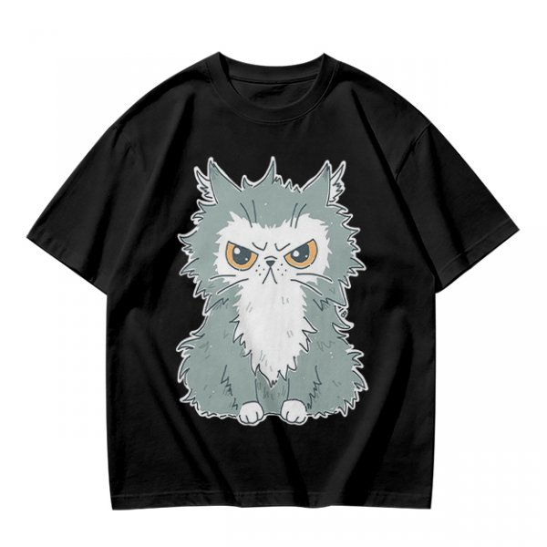 Olive T-shirt with Grumpy Fluffy Gray Cat Graphic Print