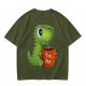 Olive green t-shirt with cute Tea Rex dinosaur holding a steaming tea mug