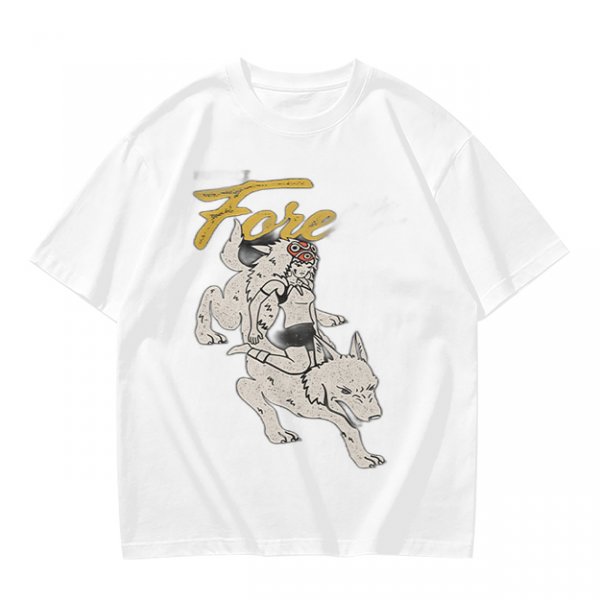 Olive graphic t-shirt with wolf rider and 'Fore' text print