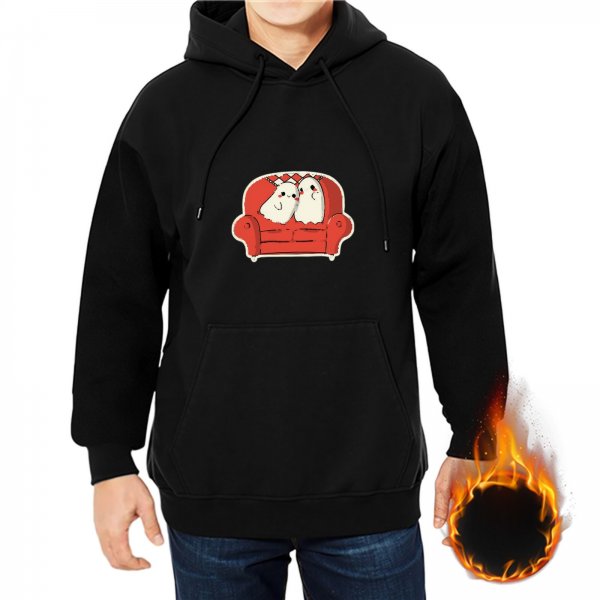 Black hoodie with cute ghosts sitting on red couch graphic