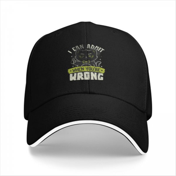 Black baseball cap with funny admitting wrong cat graphic