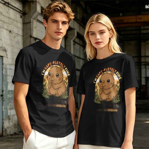 Olive t-shirt with cute capybara 'I'm capy-pletely fine' graphic