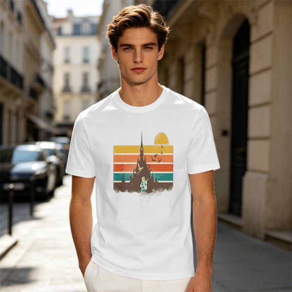 Olive T-Shirt With Retro Sunset Fantasy Castle Graphic