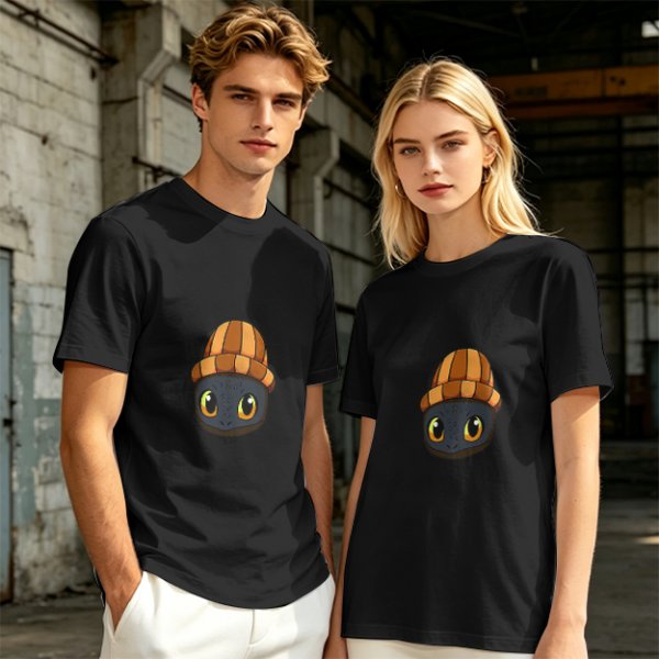 Olive T-Shirt Featuring a Cute Dragon Wearing a Striped Beanie