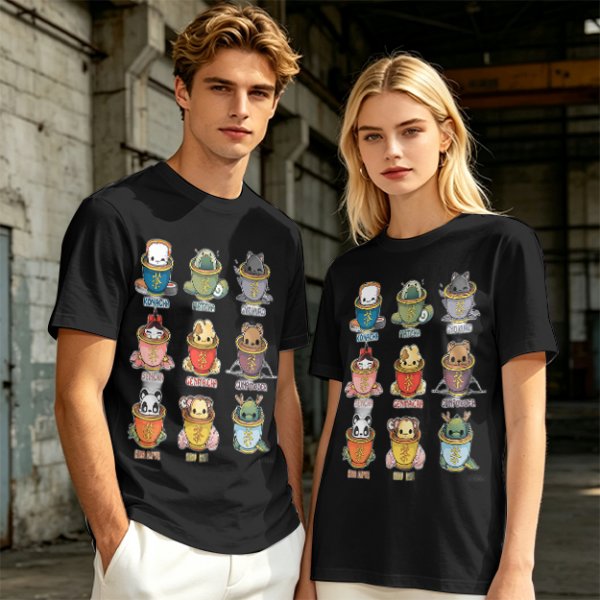 Olive T-Shirt With Cute Animal Teacup Character Print