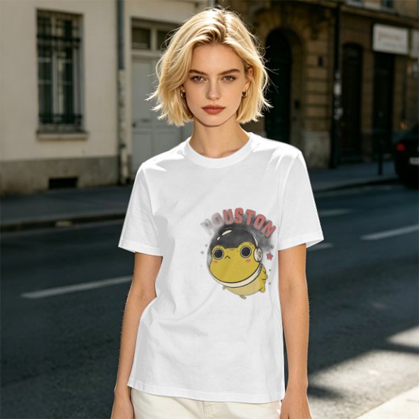Olive green t-shirt with space frog graphic and Houston text