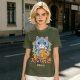 Olive green t-shirt with cute gray cat holding taiyaki graphic