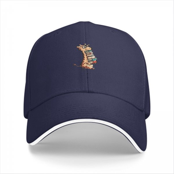 Black baseball cap with cute giraffe holding stack of books