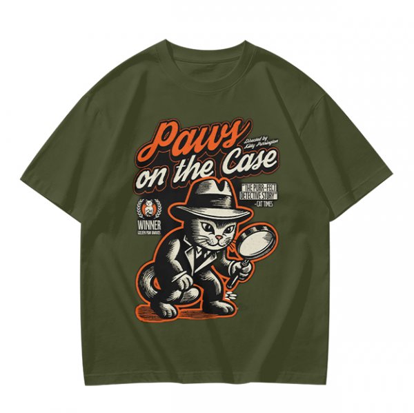 Olive t-shirt with detective cat 'Paws on the Case' graphic
