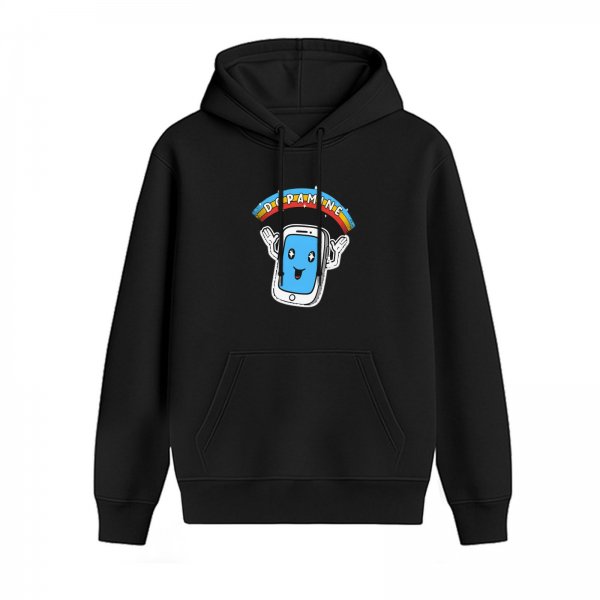 Black hoodie with cartoon smartphone and dopamine rainbow graphic