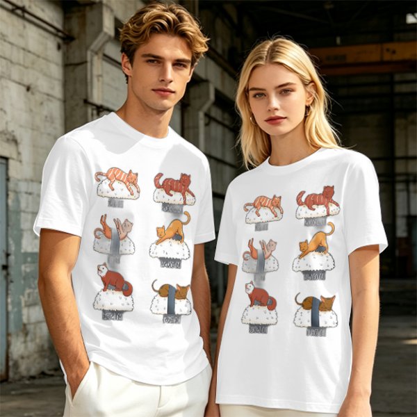 Olive green t-shirt with sushi cat illustrations