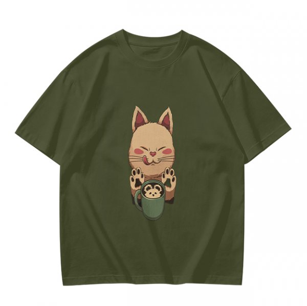Olive green t-shirt with cute cat holding a mug print