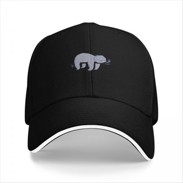 Black baseball cap with embroidered sloth holding a branch