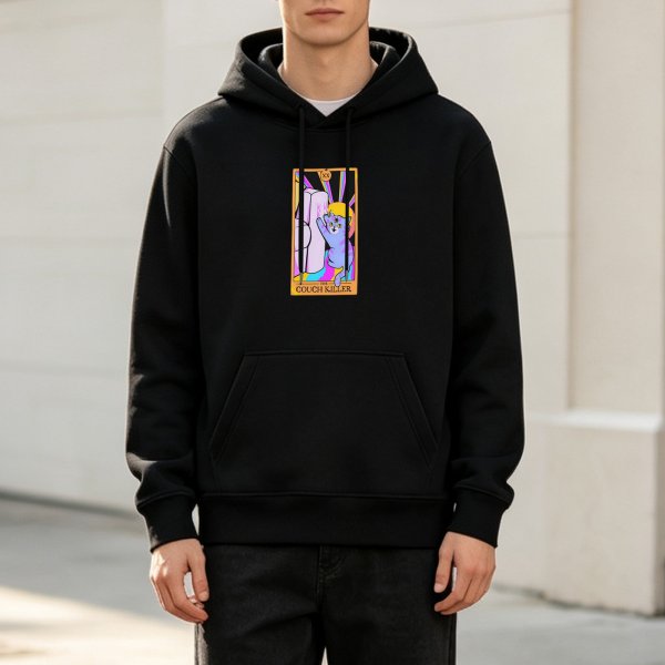 Black Hoodie With Funny Cat Tarot Card Print Design