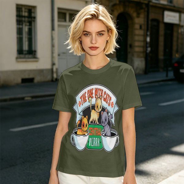 Olive green t-shirt with cat coffee cup graphic and playful text design