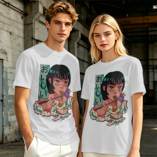 Olive anime graphic t-shirt with girl eating ramen and Japanese text