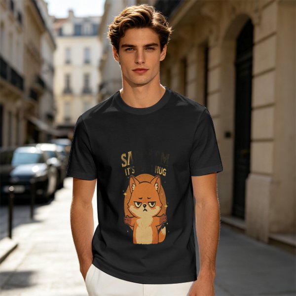Olive green t-shirt with grumpy fox offering a hug graphic