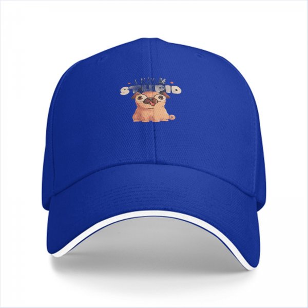 Black baseball cap with 'I MAY BE STUPID' and cute pug graphic