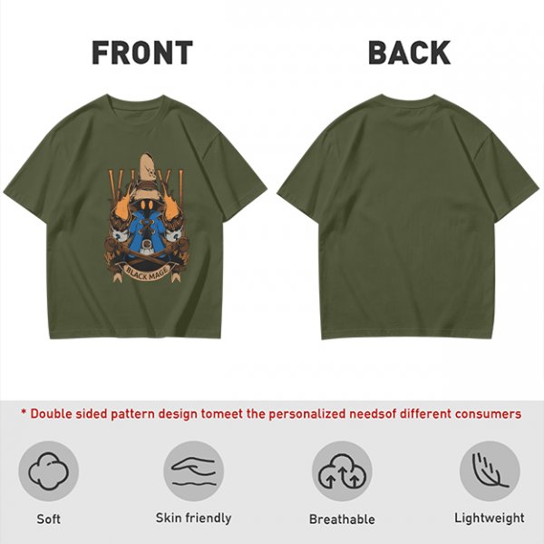 Olive Green T-Shirt with Final Fantasy Black Mage Graphic Print