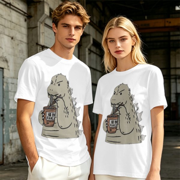 Olive T-Shirt Featuring Godzilla Eating Ramen