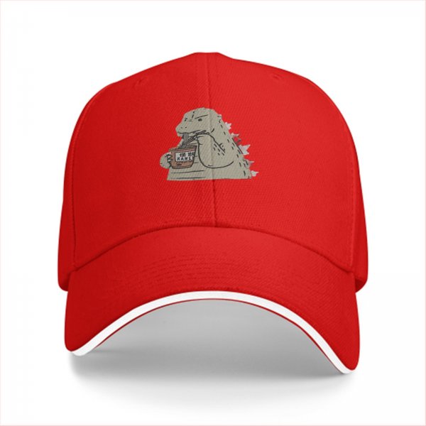 Black baseball cap with Godzilla eating ramen graphic
