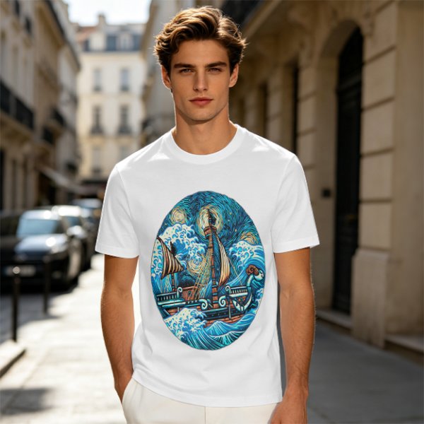 Olive T-Shirt With Starry Night Style Sailing Ship Ocean Art