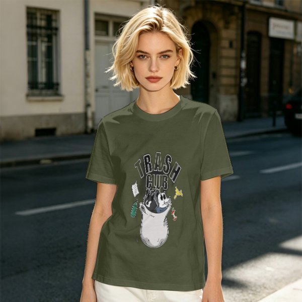 Olive graphic t-shirt with Trash Club raccoon and panda in trash can print