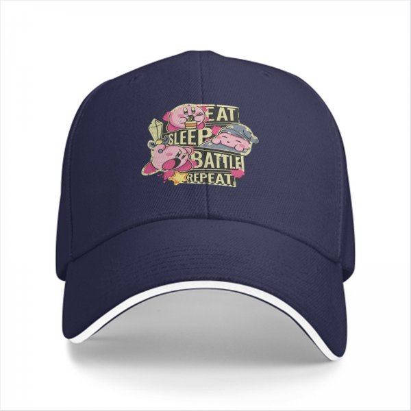 Black baseball cap with Eat Sleep Battle Repeat Kirby graphic