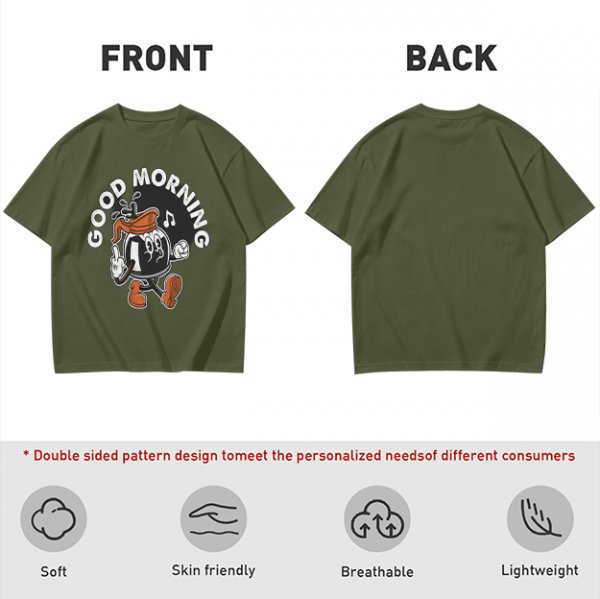 Olive t-shirt with retro coffee pot cartoon and Good Morning text