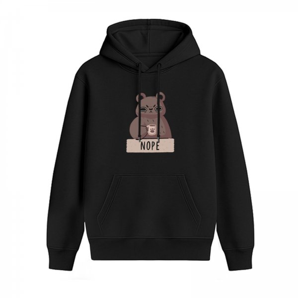 Black graphic hoodie with grumpy bear holding coffee and 'NOPE' text