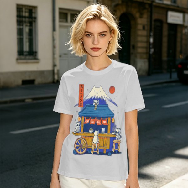 Olive t-shirt with cat ramen stall and Mount Fuji graphic
