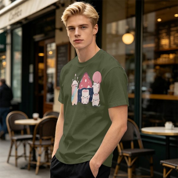 Olive Green T-Shirt With Cute Mushroom Creature Graphic
