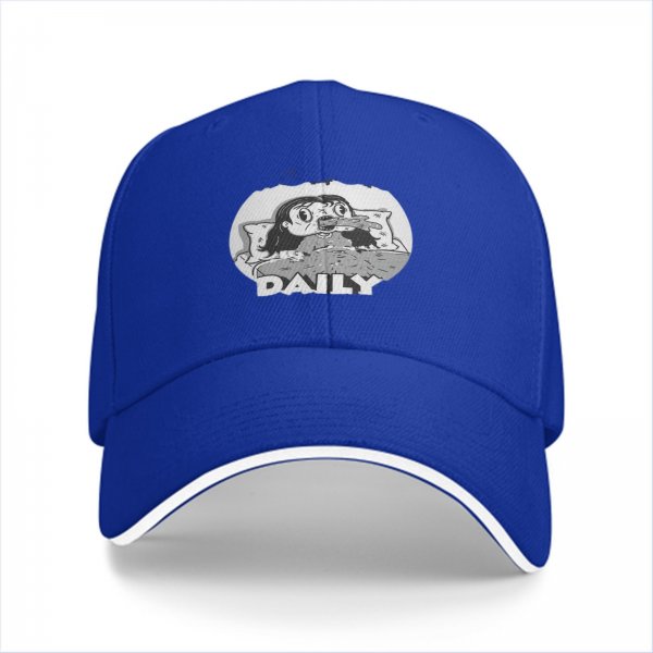 Black baseball cap with grayscale horror girl in bed graphic and DAILY text