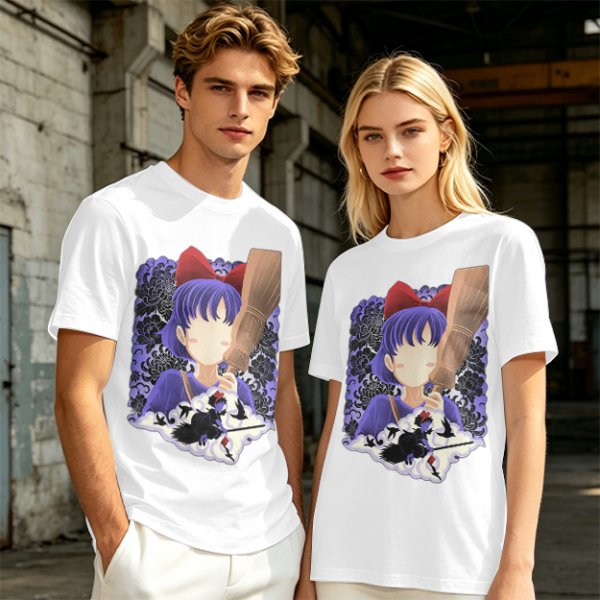Olive T-Shirt With Witch Anime Girl and Cat Silhouette Print