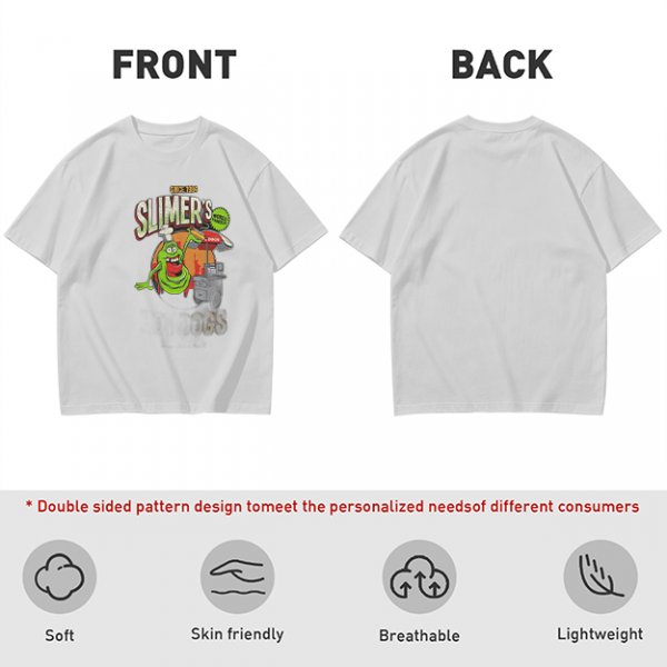Olive green t-shirt with Slimer's Ghostbusters themed graphic print
