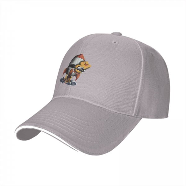 Black baseball cap with cartoon duck riding a rocket launch design
