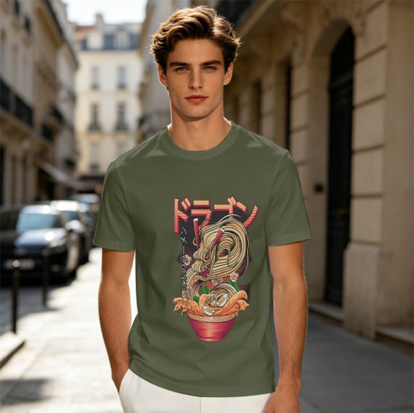 Olive T-Shirt with Japanese Ramen Dragon Graphic Print