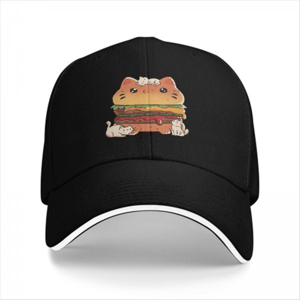 Black baseball cap with cute cat burger and kittens graphic