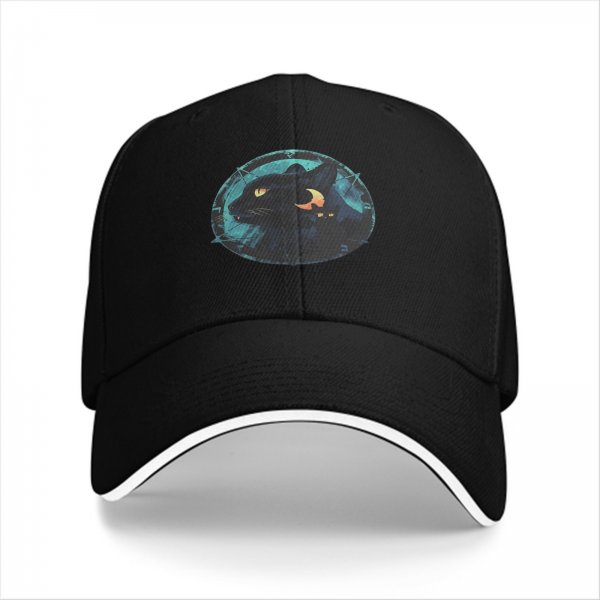 Black Baseball Cap With Mystical Black Cat And Crescent Moon Art
