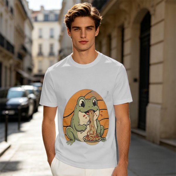 Olive Green T-Shirt Featuring a Frog Eating Spaghetti Graphic